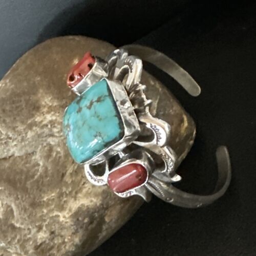 Kingman Turquoise Coral Cuff Bracelet | Navajo Tufa Cast | Sterling Silver | Authentic Native American Handmade | 16780