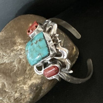 Kingman Turquoise Coral Cuff Bracelet | Navajo Tufa Cast | Sterling Silver | Authentic Native American Handmade | 16780