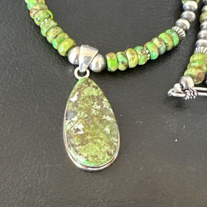 Navajo Green Turquoise Pendant Necklace | Sterling Silver Pearls | Authentic Native American Handmade | 16234