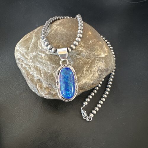 Men's Women's Blue Fire Opal Navajo Pendant | Sterling Silver | Authentic Native American Handmade | 16482