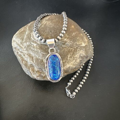 Men's Women's Blue Fire Opal Navajo Pendant | Sterling Silver | Authentic Native American Handmade | 16482