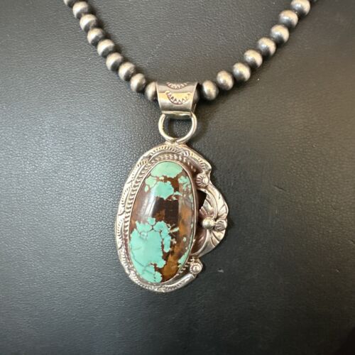 Navajo Blue Turquoise #8 Pendant | Sterling Silver Pearls Necklace | Authentic Native American Handmade | 15502