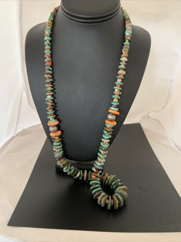 Navajo Sterling Silver Necklace | Green Turquoise & Spiny Oyster | Graduated | Authentic Native American | 32" | 02044