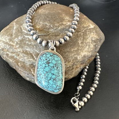 Men's Navajo Blue Spiderweb Turquoise Pendant Necklace | Sterling Silver | Authentic Native American Handmade | 16274