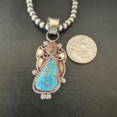 Navajo Blue Kingman Turquoise Wild Horse Pendant Necklace | Sterling Silver | Authentic Native American Handmade | 17224