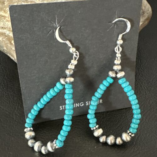 Navajo Teal Blue Turquoise 4mm Bead Earrings | Sterling Silver Pearls | 2" | Authentic Native American Handmade | 16823