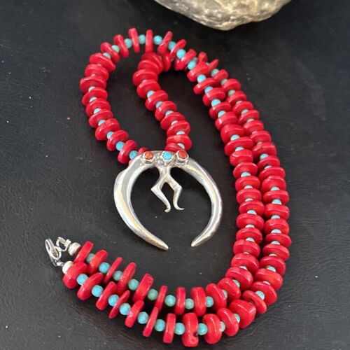 Navajo Blue Turquoise Naja Red Coral Sterling Silver Pendant Necklace 24" | Native American | 14434 - Masha USA