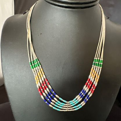 Multicolor Lapis Coral Heishi Liquid Sterling Silver Necklace | 5 Strand | 20" | 15886