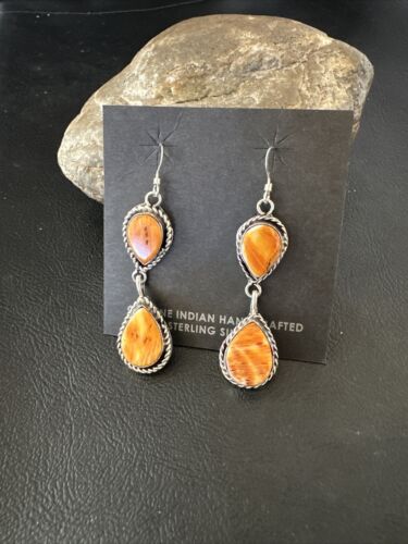 Navajo Orange Spiny Oyster Dangle Earrings | Sterling Silver | 1.5" | Authentic Native American Handmade | 16574