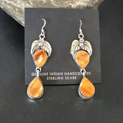 Navajo Orange Spiny Oyster Dangle Earrings | Sterling Silver | 1.5" | Authentic Native American Handmade | 16565
