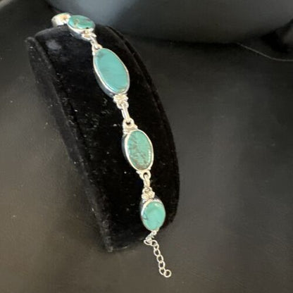 Navajo Blue Turquoise Link Bracelet | Sterling Silver | 8" | Authentic Native American Handmade | 15468