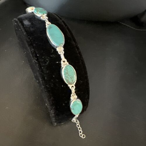 Navajo Blue Turquoise Link Bracelet | Sterling Silver | 8" | Authentic Native American Handmade | 15468