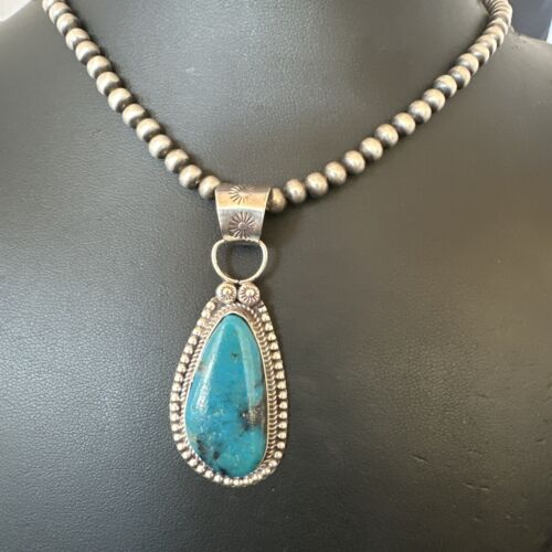 Navajo Pearls Kingman Turquoise Pendant Necklace | Sterling Silver | Authentic Native American Handmade | 17129