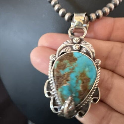 Navajo Blue Turquoise Pendant Necklace | Sterling Silver Pearls | Authentic Native American Handmade | 15652