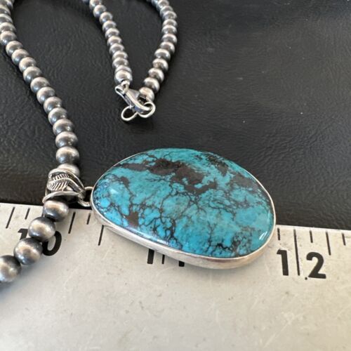 Men's Navajo Blue Spiderweb Turquoise Pendant Necklace | Sterling Silver | Authentic Native American Handmade | 16273