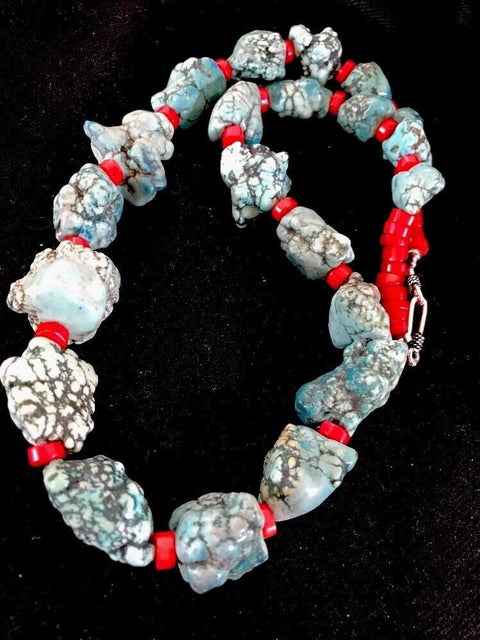 Native American Sterling Silver Necklace | Blue Turquoise & Coral | 21" | 3392