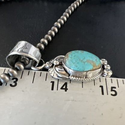 Navajo Blue Turquoise #8 Pendant | Sterling Silver Necklace with Pearls | Authentic Native American Handmade | 15444