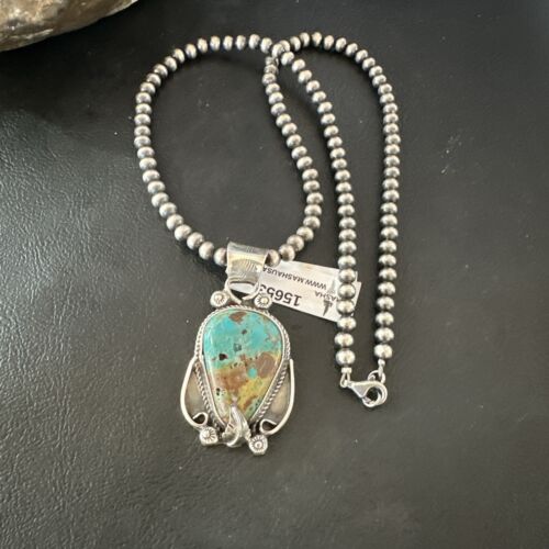 Navajo Blue Turquoise Pendant Necklace | Sterling Silver Pearls | Authentic Native American Handmade | 15653 - Masha USA
