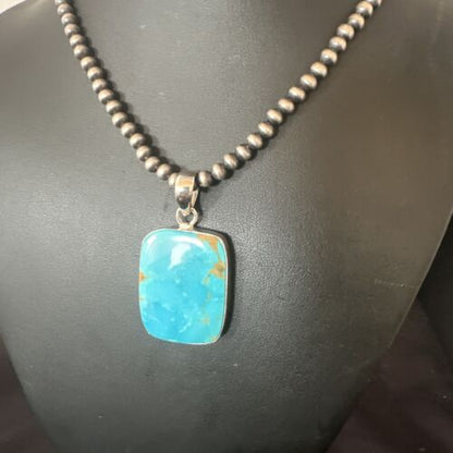 Navajo Blue Kingman Turquoise Pendant Necklace | Sterling Silver Pearls | 20" | 16699
