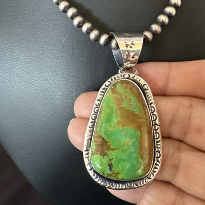 Navajo Green Gaspeite Pendant Necklace | Sterling Silver | Authentic Native American Handmade | 16359
