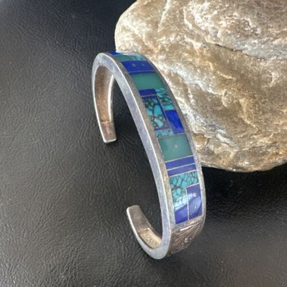 Navajo Blue Lapis Cuff Bracelet | Sterling Silver Inlay | Authentic Native American Handmade | 16123