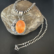 Navajo Orange Spiny Oyster Pendant Necklace | Sterling Silver | Authentic Native American Handmade | 15630