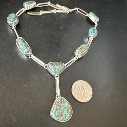 Navajo Blue Spiderweb Turquoise Lariat Necklace | Sterling Silver Pendant | 18" | 14959