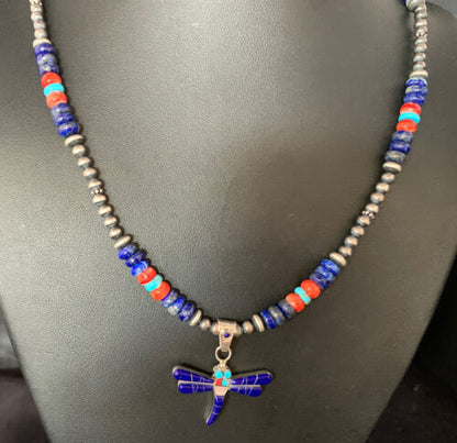 Blue Turquoise & Lapis Dragonfly Pendant Necklace | Navajo Sterling Silver | Authentic Native American Handmade | 13537