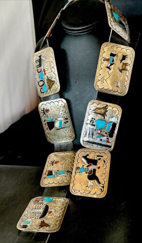 Ultra Rare Zuni Sun Face Inlay Belt | Turquoise Onyx | Sterling Silver | 40" | 17406
