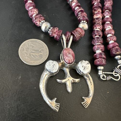 Navajo Purple Spiny Oyster White Buffalo Naja Pendant | Sterling Silver | Authentic Native American Handmade | 15025