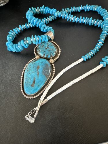 Navajo Blue Kingman Turquoise Pendant Necklace | Sterling Silver | 32" | Authentic Native American Handmade | 16068