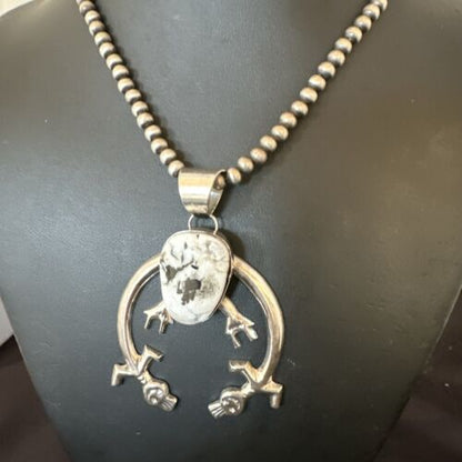 Navajo White Buffalo Turquoise Naja Pendant Necklace | Sterling Silver | Authentic Native American Handmade | 17122