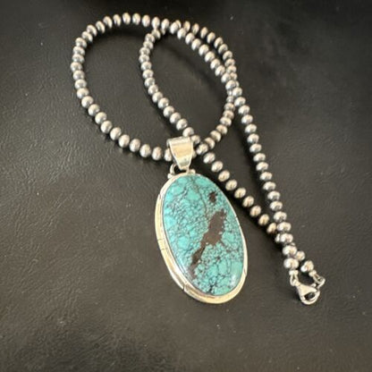 Men's Navajo Blue Spiderweb Turquoise Pendant Necklace | Sterling Silver | Native American Handmade | 16192