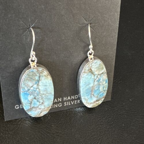 Navajo Blue Turquoise Dangle Earrings | Sterling Silver | Authentic Native American Handmade | 15430