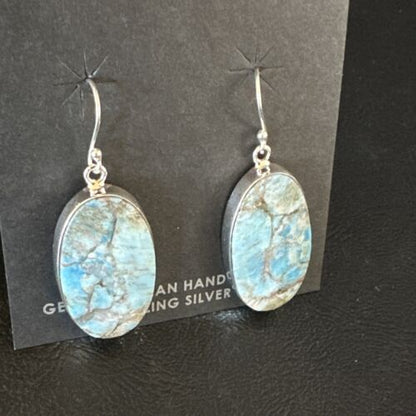 Navajo Blue Turquoise Dangle Earrings | Sterling Silver | Authentic Native American Handmade | 15430