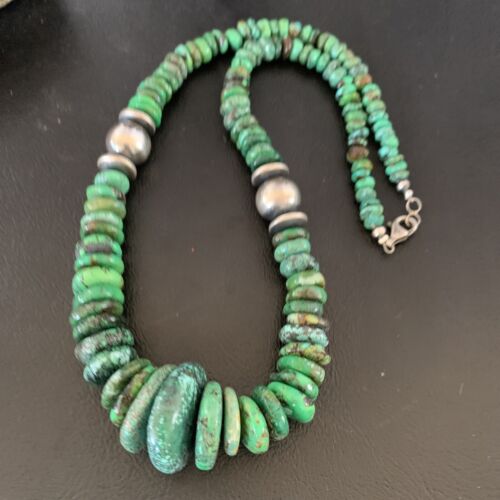 Navajo Sterling Silver Green Turquoise Bead Necklace | Graduated | Authentic Native American | 20" | 13237