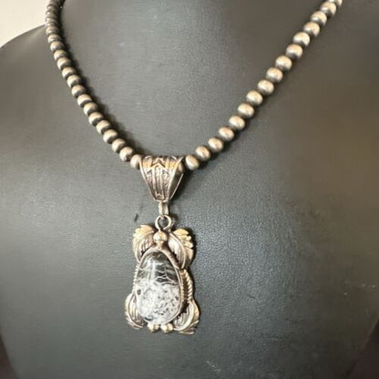 Navajo White Buffalo Turquoise Pendant Necklace | Sterling Silver | Authentic Native American Handmade | 17521