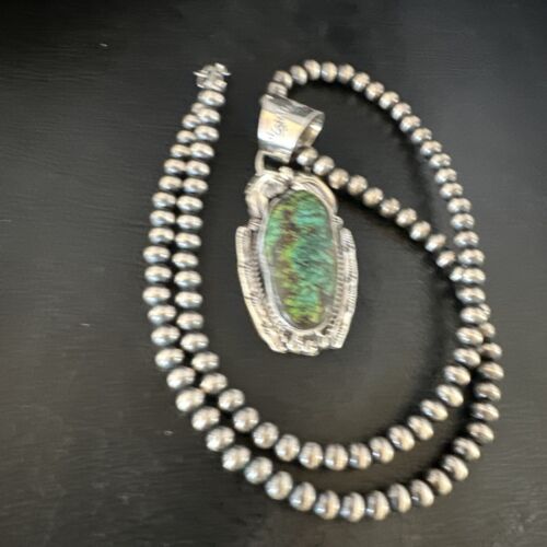 Navajo Blue Spiderweb Turquoise Pendant Necklace | Sterling Silver Pearls | Authentic Native American Handmade | 15094