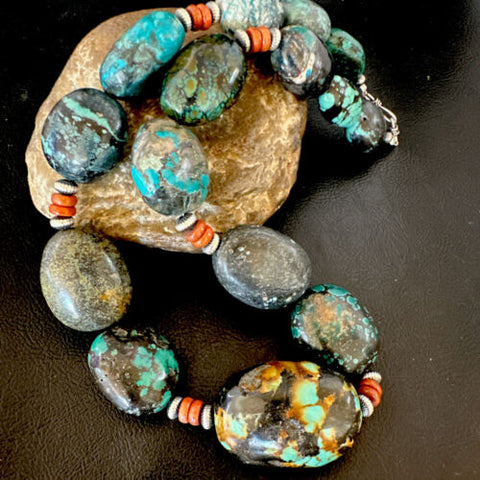 Men's Chunky Spiderweb Turquoise Necklace | Navajo Sterling Silver | Authentic Native American | 21" | 16236 Graduated