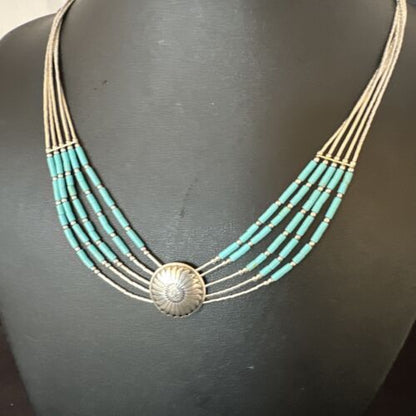 Navajo Blue Turquoise Heishi Concha Necklace | 5 Strand Liquid Sterling Silver | 20" | 15876