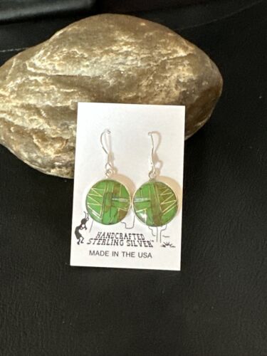 Southwestern Sterling Silver Green Gaspeite Inlay Earrings | 1" | Navajo | 14935