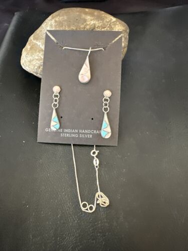 Zuni Turquoise & Pink Mother of Pearl Inlay Pendant Necklace & Earrings Set | Double Sided | Sterling Silver | Native American Handmade | 17493