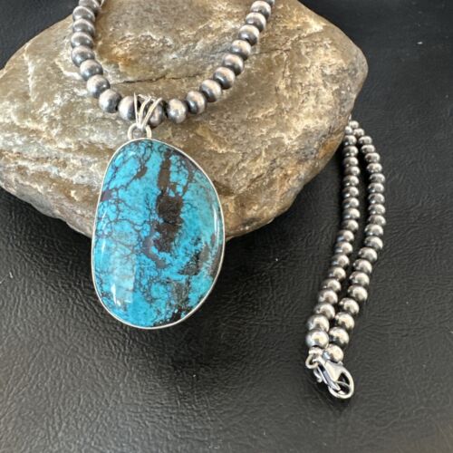 Men's Navajo Blue Spiderweb Turquoise Pendant Necklace | Sterling Silver | Authentic Native American Handmade | 16273