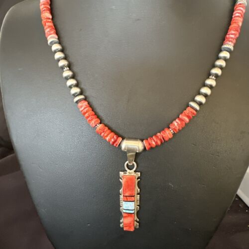 Navajo Red Spiny Oyster Opal Pendant Necklace | Sterling Silver Inlay | Authentic Native American Handmade | 16885