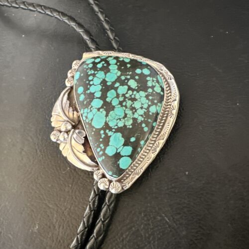 Men's Blue Spiderweb Turquoise Bolo Tie | Navajo Sterling Silver | Authentic Native American Handmade | 15011