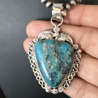 Navajo Kingman Turquoise Pendant Necklace | Sterling Silver Pearls | Authentic Native American Handmade | 15220 - Masha USA