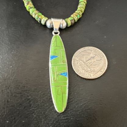 Navajo Green Gaspeite & Turquoise Inlay Pendant Necklace | Sterling Silver | 22" | Authentic Native American Handmade | 16765