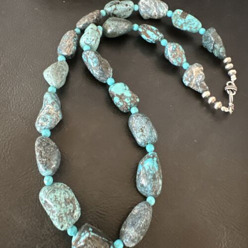 Navajo Blue Nugget Turquoise Bead Necklace | Sterling Silver Pearls | 20" | Authentic Native American Handmade | 16002