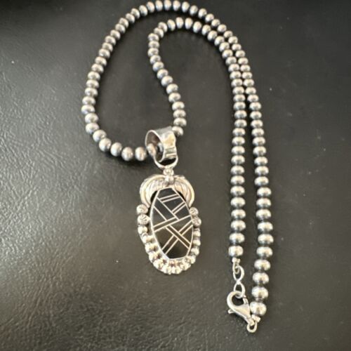 Navajo Pearls Black Onyx Inlay Necklace Pendant | Sterling Silver | Authentic Native American Handmade | 16535
