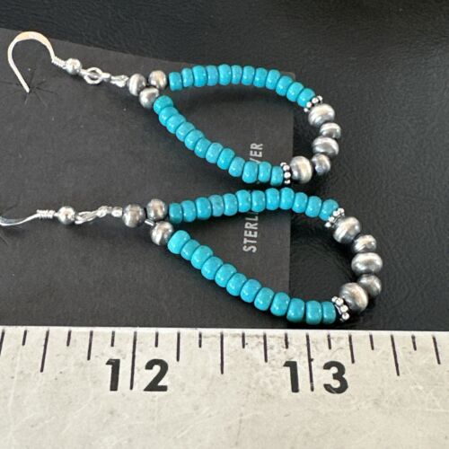Navajo Teal Blue Turquoise 4mm Bead Earrings | Sterling Silver Pearls | 2" | Authentic Native American Handmade | 16823